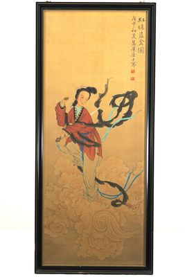 Peinture chinoise sur soie avec Immortelle féminine avec sable, 19e