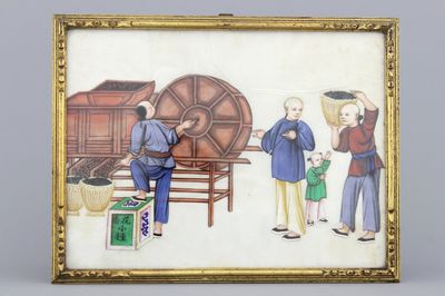 Peinture sur papier de riz à décor de la production de thé, Chine, Canton, env. 1800
