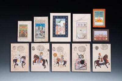 Persian and Indian school: ten miniatures with figurative designs and a view on the tomb of Akbar the Great, 19/20th C.