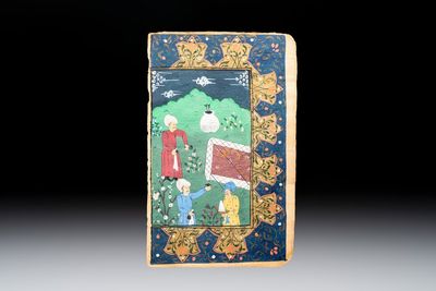 Persian school: a miniature painting of figures in a garden, ink and colour on paper, 19th C.
