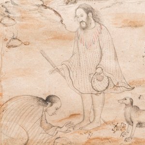 Persian school, miniature after Rizza Abassi: 'Two figures and a dog in a landscape' — photo 1