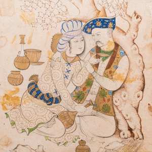 Persian school, miniature: 'Loving couple leaning against a tree' — 照片 1