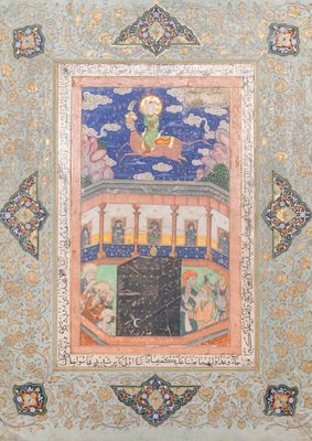 Persian school miniature: 'Prophet Muhammad riding his steed Buraq', gouache heightened with gold on paper, 19th C.