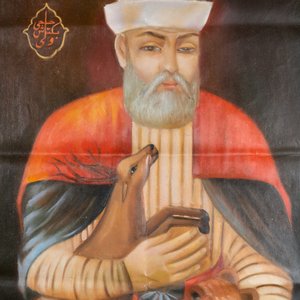 Perzische school: Hadji Bektasj Veli met een hert en een leeuw, olie op doek, 20e eeuw — foto 1
