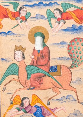 Perzische school, miniatuur: 'De Profeet Mohammed op zijn paard Buraq'