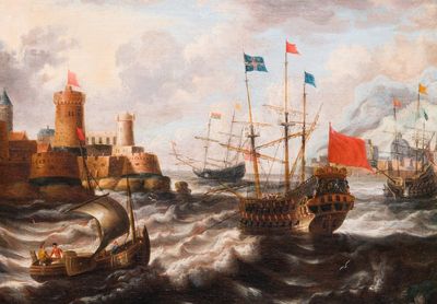 Peter van den Velde (1634-1723/1724, attr. à): 'Vue d'un port avec quatre navires en mer', huile sur toile