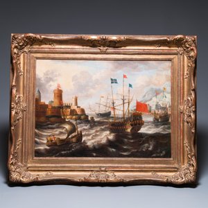 Peter van den Velde (1634-1723/1724, attr. to): 'Harbour view with four ships at sea', oil on canvas — photo 2
