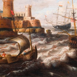 Peter van den Velde (1634-1723/1724, toegeschr. aan): 'Havenzicht met vier schepen op zee', olie op doek — foto 5