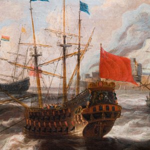 Peter van den Velde (1634-1723/1724, toegeschr. aan): 'Havenzicht met vier schepen op zee', olie op doek — foto 6
