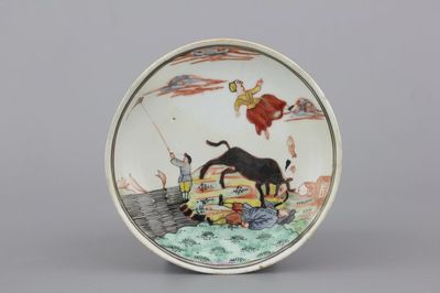 Petite assiette en porcelaine de Chine, peinte en Hollande, illustrant "Le Miracle de Zaandam", datée 1747