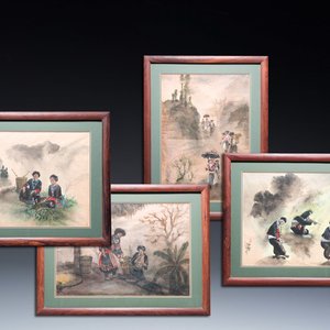 Pham Minh Duc (Vietnam, 20e eeuw): Vier diverse landschappen met figuren, inkt en kleur op papier — foto 1