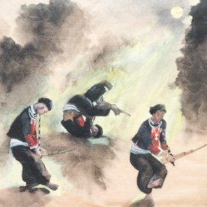 Pham Minh Duc (Vietnam, 20e eeuw): Vier diverse landschappen met figuren, inkt en kleur op papier — foto 5