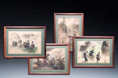 Pham Minh Duc (Vietnam, 20ème): Quatre paysages aux personnages divers, encre et couleurs sur papier