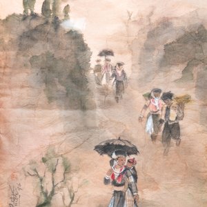 Pham Minh Duc (Vietnam, 20ème): Quatre paysages aux personnages divers, encre et couleurs sur papier — photo 2