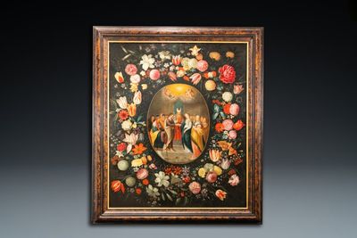 Philips de Marlier (1595-1668) & atelier de Frans Francken II (1581-1642): 'Le mariage de la Vierge' entouré d'une guirlande florale, huile sur toile — photo 2