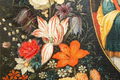 Philips de Marlier (1595-1668) & atelier de Frans Francken II (1581-1642): 'Le mariage de la Vierge' entouré d'une guirlande florale, huile sur toile — photo 9