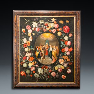 Philips de Marlier (1595-1668) & atelier de Frans Francken II (1581-1642): 'Le mariage de la Vierge' entouré d'une guirlande florale, huile sur toile — photo 2