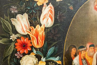 Philips de Marlier (1595-1668) & atelier van Frans Francken II (1581-1642): 'Het huwelijk van de Maagd Maria' met bloemenkrans, olie op doek — foto 10