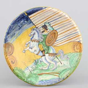 Plat en majolique de Montelupo, décor d'un chevalier à cheval, 19e — photo 1
