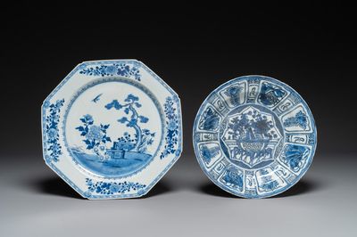 Plat en porcelaine de Chine en bleu et blanc et un plat octogonal à décor 'Les Trois Amis de l'Hiver', Wanli et Qianlong