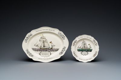 Plat et assiette en faïence fine de Wedgwood à sujet maritime à inscription 'Joannes et Agnes van den Hove - Ostende', Angleterre, une datée 1785