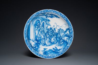 Plat exceptionnel en faïence en bleu et blanc à décor de l'Adoration des Mages, atelier Verstraeten, Haarlem, ca. 1640-1660