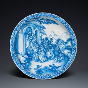 Plat exceptionnel en faïence en bleu et blanc à décor de l'Adoration des Mages, atelier Verstraeten, Haarlem, ca. 1640-1660 — photo 1