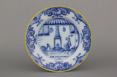 Plat rare en faïence de Delft, bleu et blanc, décor fabriquant de tonneau, signé et daté 1762