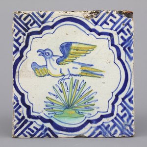Polychrome Delftse tegel met vogel, 17e eeuw — foto 1