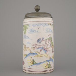 Polychrome Duitse bierkruik in tinmontuur, 18e eeuw — foto 4