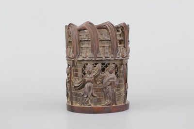 Pot à pinceaux chinois en bois sculpté, 19e-20e