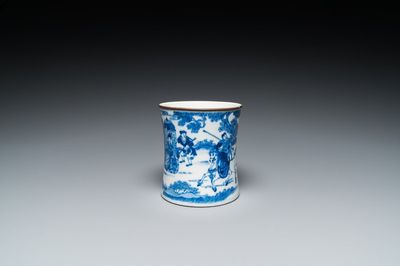 Pot à pinceaux en porcelaine de Chine en bleu et blanc, marque de Kangxi, 19ème