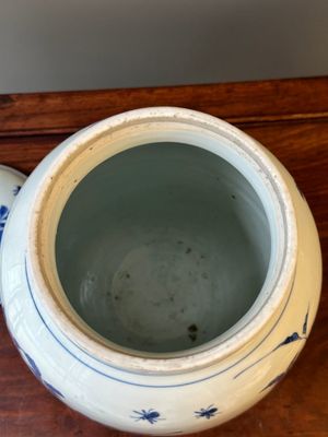 Pot couvert en porcelaine de Chine en bleu et blanc à décor d'oiseaux parmi des branches fleuries, période Transition — photo 8