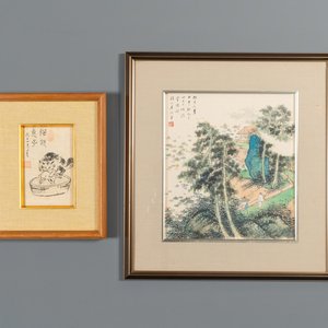 Pu Xinyu 溥心畲 (1896-1963): 'Chat et lapin' et Wu Xizeng 吳熙曾 (1904-1972): 'Paysage', encre et couleur sur papier — photo 1