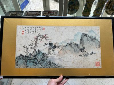 Pu Xinyu 溥心畬 (1896-1963): 'Mountainous landscape', ink and colour on paper — foto 1