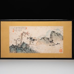 Pu Xinyu 溥心畬 (1896-1963): 'Mountainous landscape', ink and colour on paper — foto 1