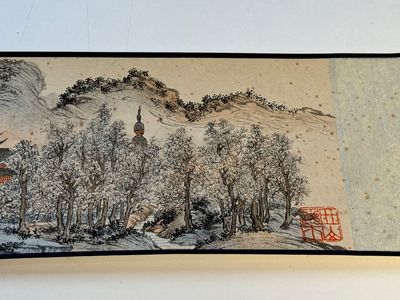 Pu Xinyu 溥心畬 (1896-1963): 'Temple in the mountains', ink and colour on paper, with 'Hongmu' wooden box — photo 14
