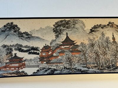 Pu Xinyu 溥心畬 (1896-1963): 'Temple in the mountains', ink and colour on paper, with 'Hongmu' wooden box — photo 15