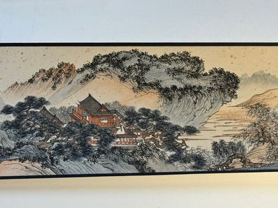 Pu Xinyu 溥心畬 (1896-1963): 'Temple in the mountains', ink and colour on paper, with 'Hongmu' wooden box — photo 16