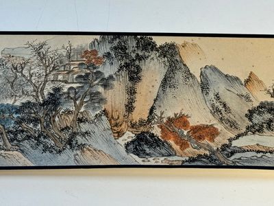 Pu Xinyu 溥心畬 (1896-1963): 'Temple in the mountains', ink and colour on paper, with 'Hongmu' wooden box — photo 17