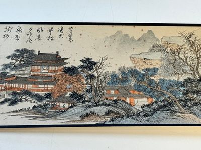 Pu Xinyu 溥心畬 (1896-1963): 'Temple in the mountains', ink and colour on paper, with 'Hongmu' wooden box — photo 18