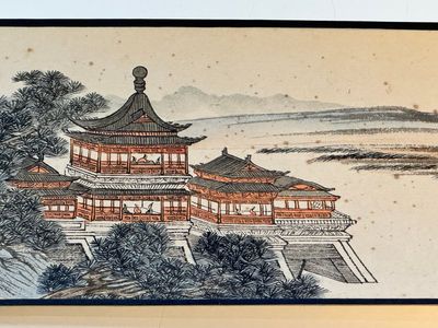 Pu Xinyu 溥心畬 (1896-1963): 'Temple in the mountains', ink and colour on paper, with 'Hongmu' wooden box — photo 22
