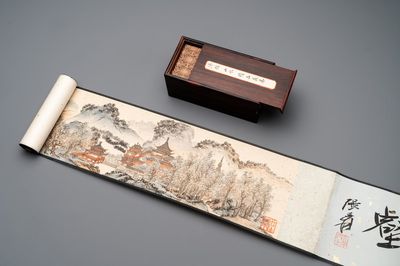 Pu Xinyu 溥心畬 (1896-1963): 'Temple in the mountains', ink and colour on paper, with 'Hongmu' wooden box