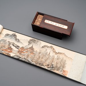 Pu Xinyu 溥心畬 (1896-1963): 'Temple in the mountains', ink and colour on paper, with 'Hongmu' wooden box — photo 1