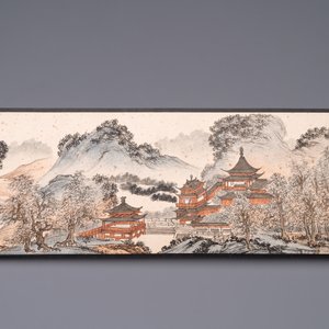Pu Xinyu 溥心畬 (1896-1963): 'Temple in the mountains', ink and colour on paper, with 'Hongmu' wooden box — photo 10