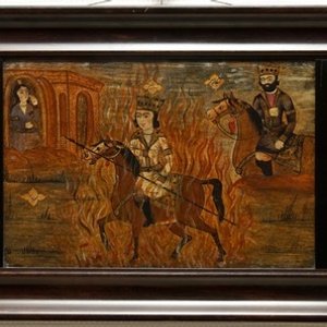 Qajar school: Triptiek met voorstelling van een prinselijke optocht, olie op paneel, Iran, 19e eeuw — foto 1
