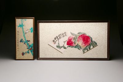 Qi Baishi 齊白石 (1864-1957) and Yu Feian 于非闇 (1889-1959): 'Peaches' and 'Birds on bamboo', ink and colour on paper and gold paper