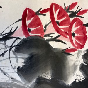 Qi Baishi (1864 - 1957), ink and colour on paper, mounted as a scroll: 'Morning glories' — 照片 27