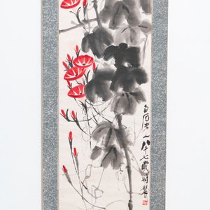 Qi Baishi (1864 - 1957), inkt en kleur op papier, als scroll gemonteerd: 'Klimmende winde' — foto 2