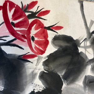 Qi Baishi (1864 - 1957), inkt en kleur op papier, als scroll gemonteerd: 'Klimmende winde' — foto 28